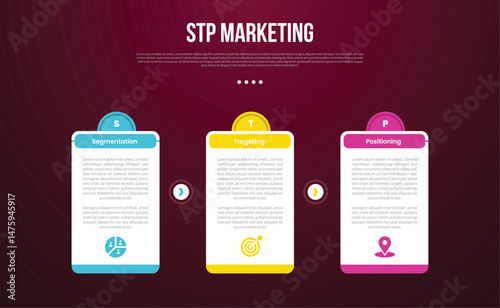 STP marketing infographic template with big table box with creative half circle at top with dark background style with 3 point for slide presentation