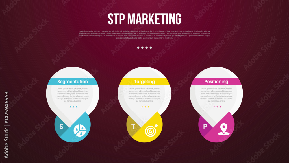 STP marketing infographic template with big round circle water bubble with dark background style with 3 point for slide presentation