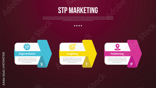 STP marketing infographic template with big box and creative arrow through shape with dark background style with 3 point for slide presentation