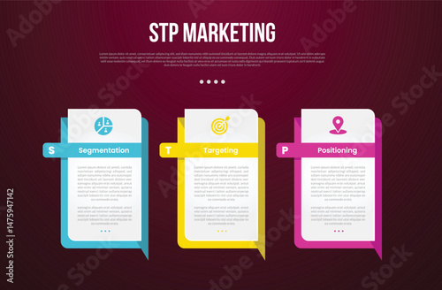 STP marketing infographic template with creative rectangle box with sharp callout bottom with dark background style with 3 point for slide presentation
