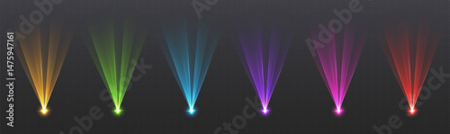 Colorful laser beams, stage decoration, party led effect, neon club spotlights. Podium design element. Vector illustration.
