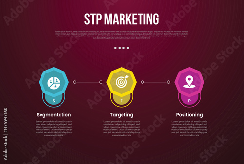 STP marketing infographic template with octagon shape with line connection with dark background style with 3 point for slide presentation