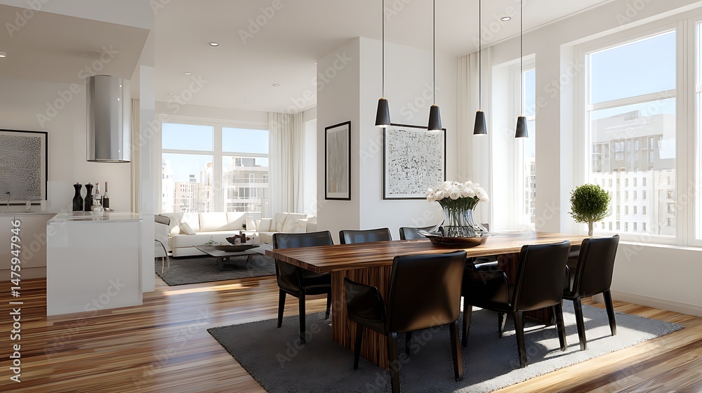 Fototapeta premium Contemporary white apartment with modern dining room featuring wooden table and black chairs