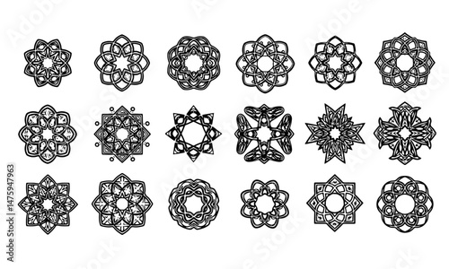Decorative Geometric Ornament Icons Set. A collection of twenty black decorative geometric ornament icons in various intricate circular and star-like designs.