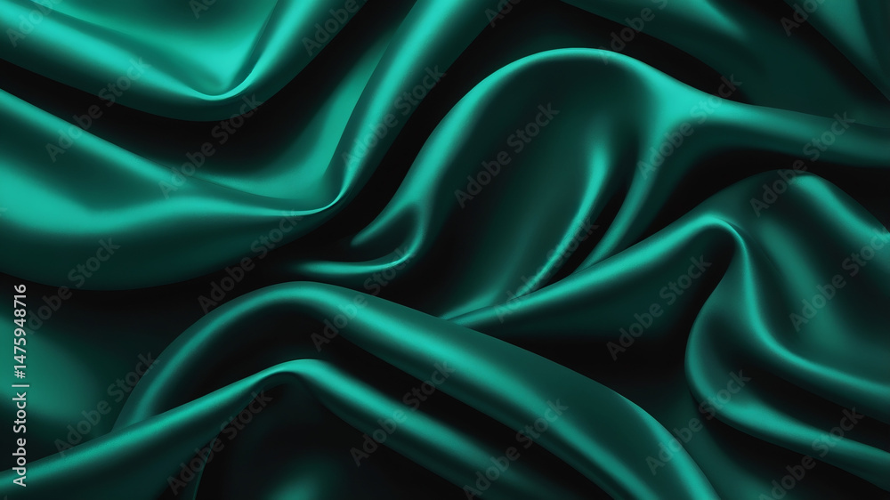 Fototapeta premium Deep emerald silk fabric with high gloss finish and soft folds. Shimmering sheen and rich green hue create a luxurious, elegant texture with depth.