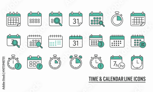 Calendar and Time Icons Set representing calendars, dates, time, and related concepts such as scheduling, deadlines, and reminders
