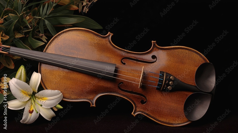 Fototapeta premium Elegant Violin Resting Beside Fresh Bouquet of Lilies on Black Velvet Surface