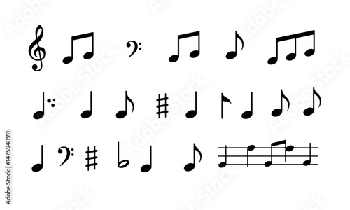 Set of musical notes and symbols. a collection of  black musical notes and symbols arranged in three rows on a white background.