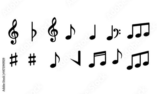 Set of musical notes and symbols. a collection of  black musical notes and symbols arranged in three rows on a white background.