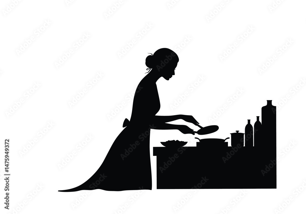Obraz premium Woman cooking silhouette. This image shows a black and white design of a woman preparing a meal, holding a cooking utensil over a steaming pot. Vector clipart illustration design.