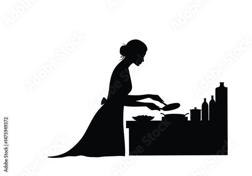 Woman cooking silhouette. This image shows a black and white design of a woman preparing a meal, holding a cooking utensil over a steaming pot. Vector clipart illustration design.