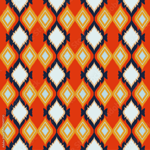 Abstract traditional tribal Thai motif textile pattern in vibrant orange tones, Ornamental woven texture wallpaper background. Culture fabric design elements.