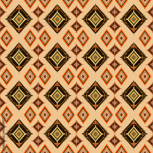 Abstract earth tones of boho tribal, decorative folk pattern features intricate diamonds wallpaper pattern craftsmanship and heritage styles background. Perfect for cultural or rustic themes etc., 