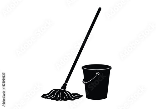 Mop and bucket silhouette. This image shows a black and white design of a mop with bristles and a bucket, used for cleaning floors and household sanitation. Vector clipart illustration design.