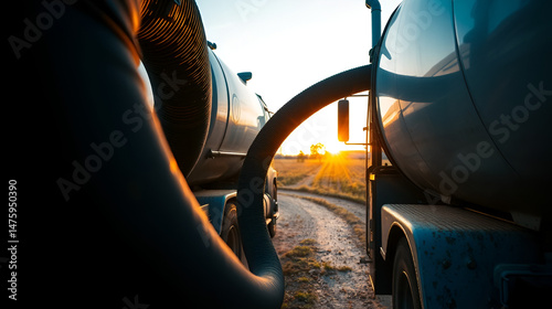 Sewerage truck empties home tank. Close-up shot of industrial hose. Rural countryside scene at sunset. Septic cleaning service underway. Vacuum truck pumps out home drainage. Pro septic maintenance.