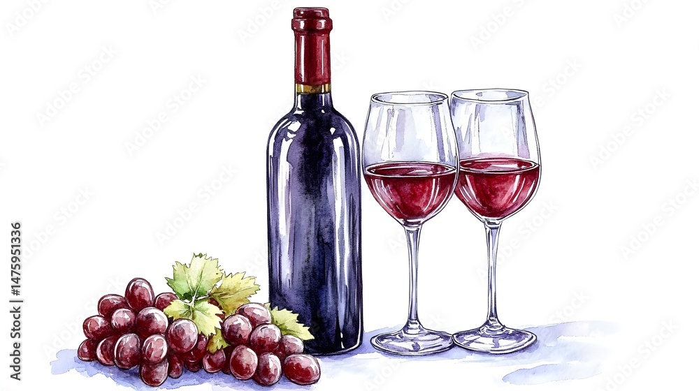 Fototapeta premium Hand-drawn illustration of wine bottle, grapes, and two glasses.