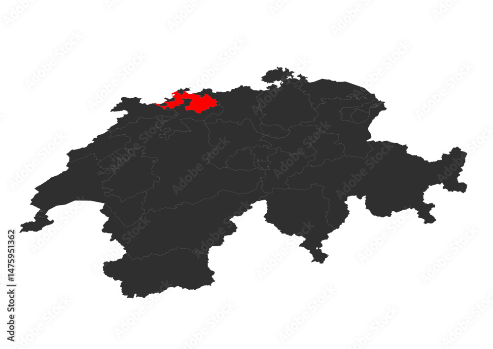 Obraz premium red colored vector silhouette of the location map of the canton of basel-landshaft in the country of zwitzerland