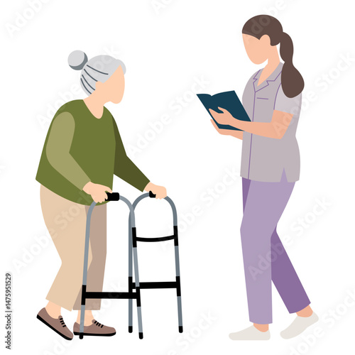 Hospital nurse holding folder with patient's medical record, checking doctor's recommendations for elderly lady using walker