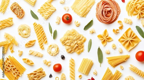 Assorted types of pasta, tomatoes and sage leaves on a white background