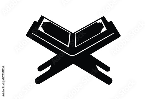 Quran silhouette. This image shows a black and white design of the Holy Quran, symbolizing Islamic faith, religious scripture, and spiritual guidance. Vector clipart illustration design.