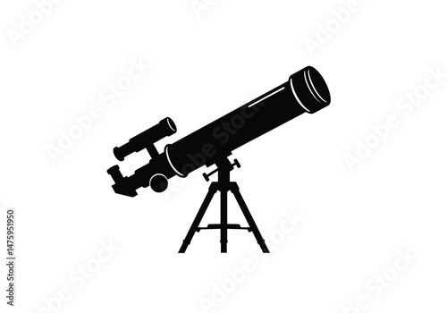 Telescope silhouette. This image shows a black and white design of a telescope mounted on a tripod, symbolizing astronomy, observation, and celestial exploration. Vector clipart illustration design.