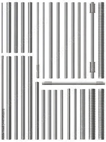 Metal rod, steel reinforced rebar. Vector realistic set of construction armature, smooth and deformed iron bars for buiding, cage, rack or prison grate. Stainless fittings isolated on white background