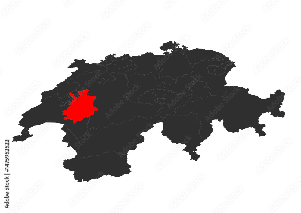 Fototapeta premium red colored vector silhouette of the location map of the canton of friboug in the country of zwitzerland