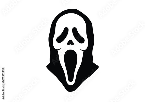 Scream mask silhouette. A haunting black and white ghost face symbolizing fear, horror, and fright mask art. Vector clipart illustration design.