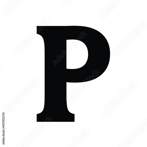 Letter P silhouette. This image shows a black and white design of the uppercase letter P in a bold, minimalistic style, symbolizing typography and branding. Vector clipart illustration design.