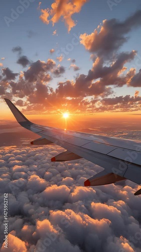 Wallpaper Mural an airplane wing soaring through a breathtaking sunset above a sea of clouds. Witness the mesmerizing view from a plane window as the sun kisses the horizon Torontodigital.ca