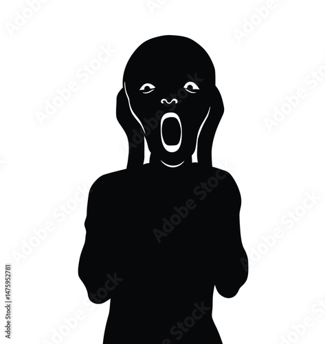 Scream silhouette. A frightened figure with wide eyes and open mouth expressing intense fear and panic in shadow style. Vector clipart illustration design.