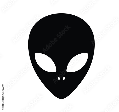 Alien head silhouette. This image shows a black and white design of an extraterrestrial being�s head with distinct features, symbolizing mystery and sci-fi culture. Vector clipart illustration design.