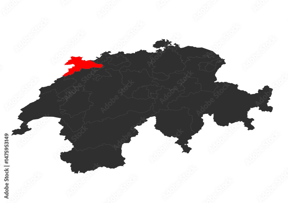 Obraz premium red colored vector silhouette of the location map of the canton of jura in the country of zwitzerland
