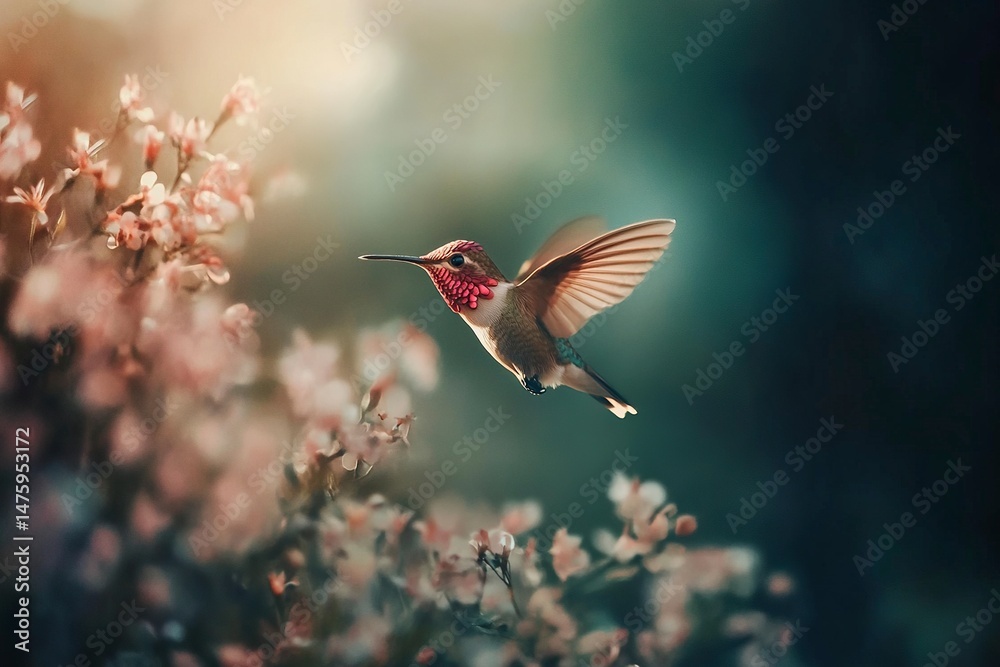 Fototapeta premium Photograph of a hummingbird with a pink and red head, flying over flowers, with a shallow depth of field, a close-up shot, and a blurred background.generative ai