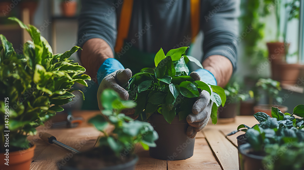 Fototapeta premium Person Repotting a Plant in a Gardening Workshop