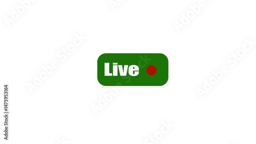 Live streaming broadcasting icon on screen. Green live stream button. Sign animation with live text blinking live button symbol for broadcasting. Video recording sign on a white background