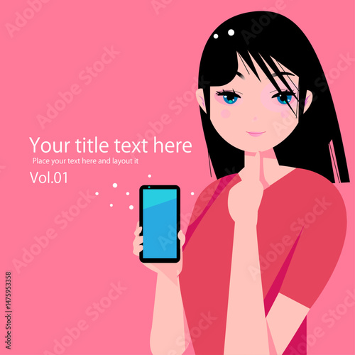 スマホと可愛い女性のデザイン的でフラットなイラスト,背景はピンク