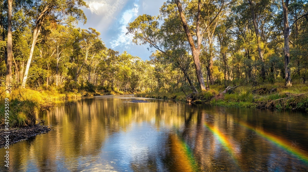 Fototapeta premium A rainbow reflecting off the smooth surface of a river crossing through the National Park, the trees on the riverbanks shining from the light rain.
