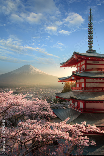Photography Fujiyoshida, Japan Beautiful view of mountain Fuji and Chureito pagoda at sunset