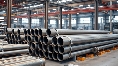 Industrial scene with stacked metal pipes ready for manufacturing use in factory :