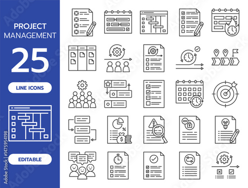 Project Management Line Icon Set. Includes 25 editable vector icons such as project plan, Gantt chart, task, deadline, sprint, milestone, agile, time tracking, change request, QA testing, and more.