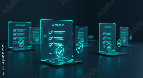 Compliance checklist glowing in dark. Digital documents ensure quality control and regulatory adherence. Shield icons assure protection.