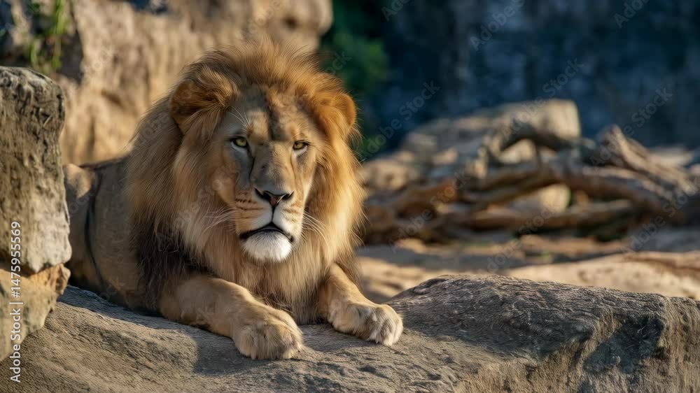 Majestic adult lion lying on rocky terrain in warm, natural light, facing camera with intense gaze and furry mane details in portrait Majestic adult lion lying on rocky terrain in warm, natural light, facing camera with intense gaze and furry mane details in portrait