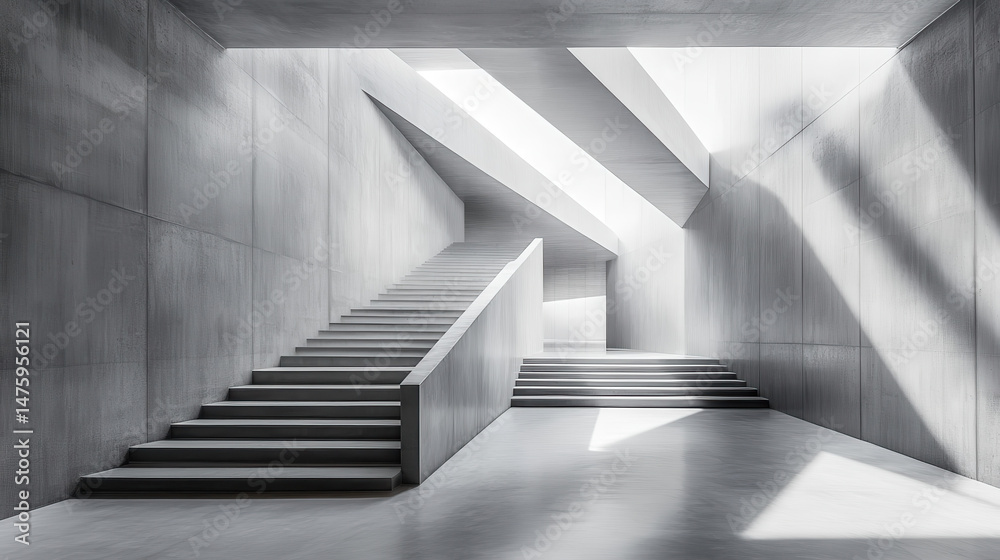 Obraz premium Modern Concrete Staircase Interior Design Minimalist Grey Architecture with Light and Shadow