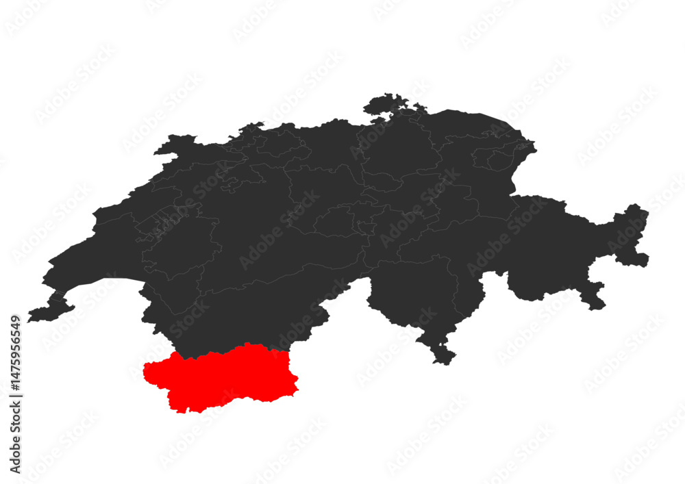 Obraz premium red colored vector silhouette of the location map of the canton of valais in the country of zwitzerland