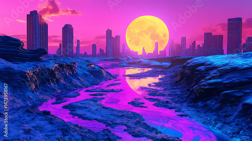 A desert wasteland with melting borax molten pools a neon skyline and a holographic sun. [Obsidian Reverie] | Lunarspill Root | molten moon. Illustration