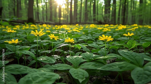Vibrant Yellow Wildflowers Bloom Amongst Green Ground Cover in Forest with Sunlight