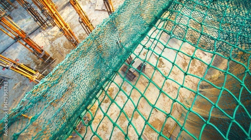A safety net installed around the perimeter of a building under construction, offering fall protection to workers.