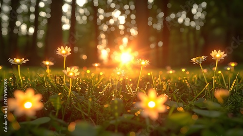 Warm Sunlight Illuminates Meadow Flowers Against Forest Background