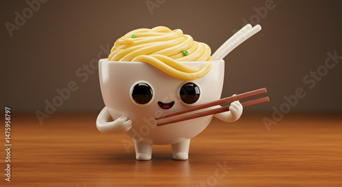 Noodle Bowl Cartoon Character with Chopsticks